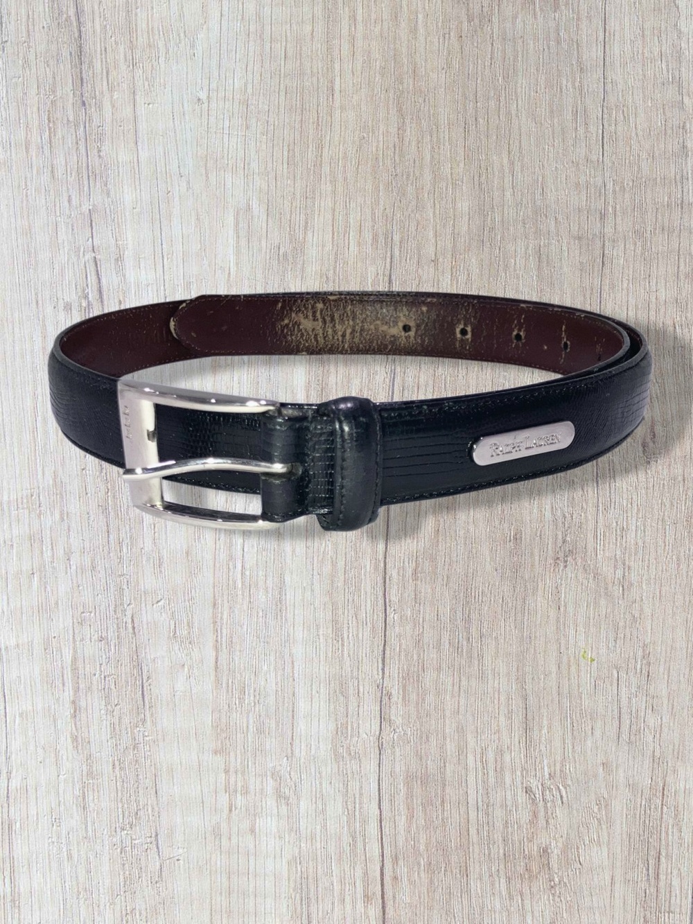 Ralph Lauren Woman’s Black Leather Snake Embossed Silver Color Belt Buckle Sz L